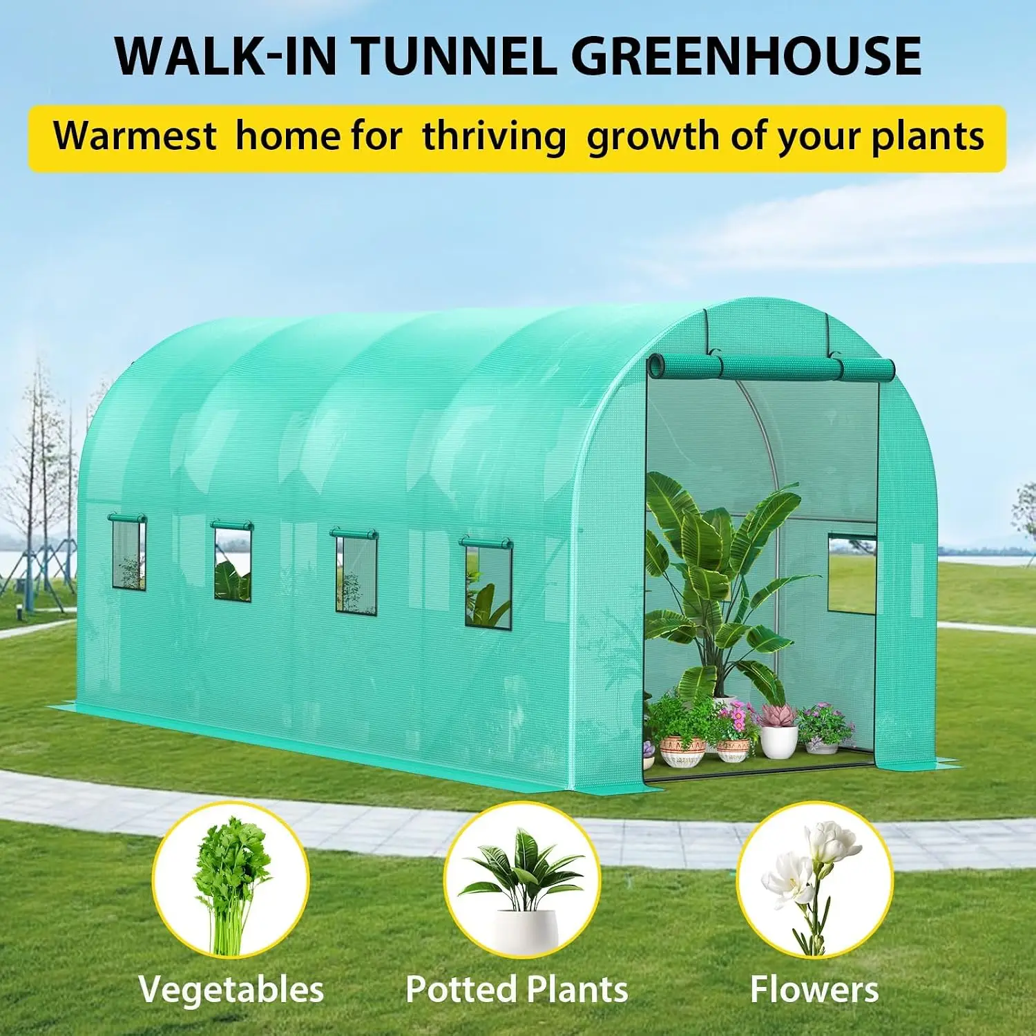 Walk-in Tunnel Greenhouse 8x13x7FT, 19X0.6 Galvanized Pipe, Zippered Door & 6 Screen Windows, Outdoor Plant Shed, Customized