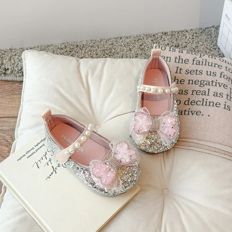 Toddler Girls Sparkly Sequins Princess Mary Jane Shoes Sweet Bow Pearl Strap Soft Flat Dress Shoes for Party