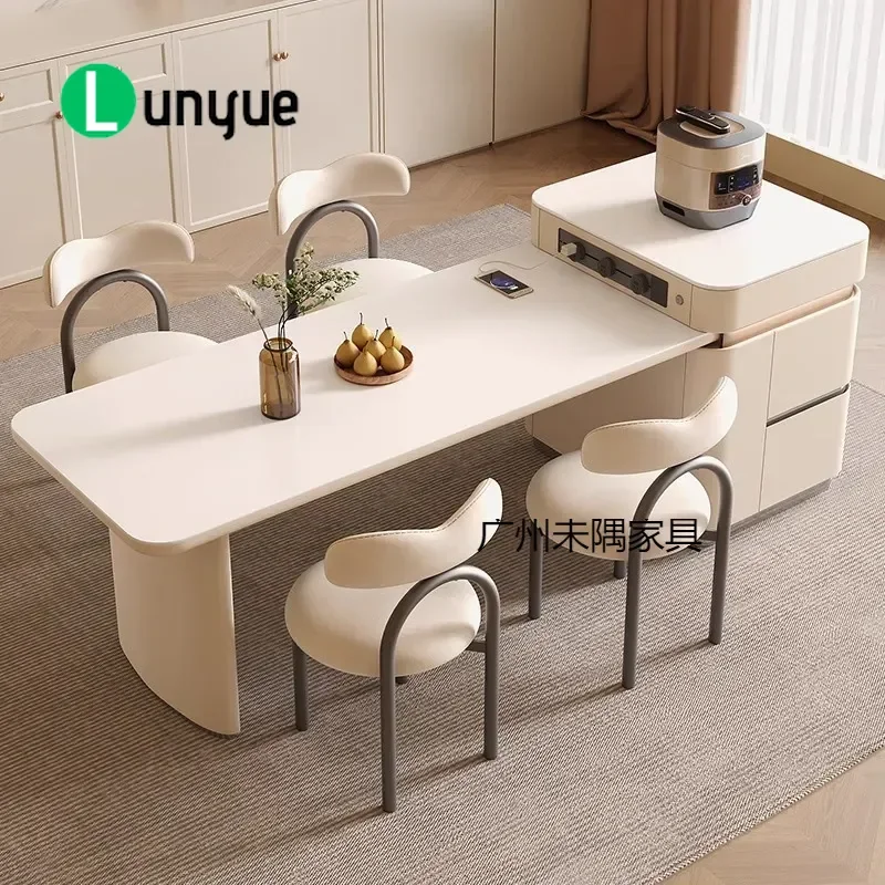 Cream Rock Slab Kitchen Island Table with Retractable Storage Multi Functional Open Design for Modern Home Furniture