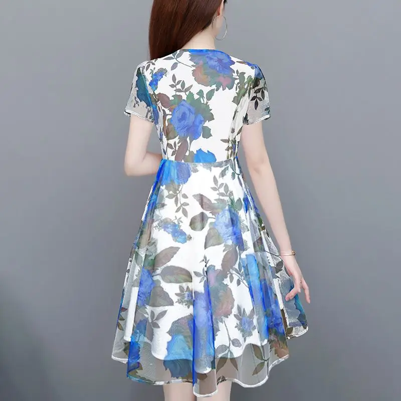 Feminino vintage impressão em torno do pescoço retalhos sheer floral vestido 2026 primavera verão nova camada base vestido fino mini vestido