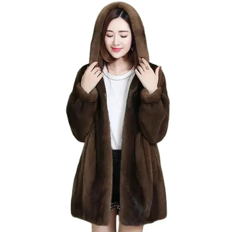 6XL 7XL Women Faux Mink Fur Jacket 2023 Autumn Winter New Female Hooded Long Sleeves Fur Overcoat Winter Mid-length Warm Coat