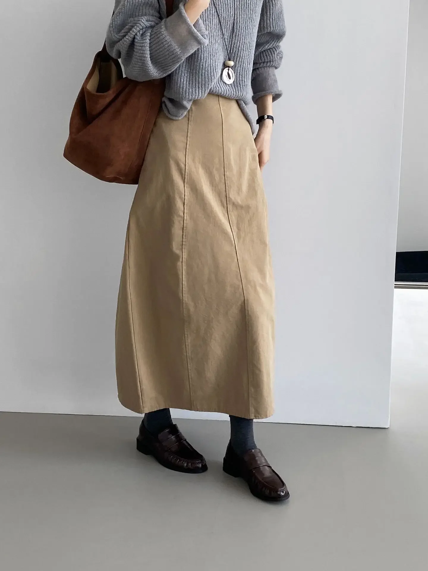 Media falda con diseño de algodón y seda de longitud media para mujer, cintura alta, estilo coreano, Color liso, sin decoración, tejido de algodón