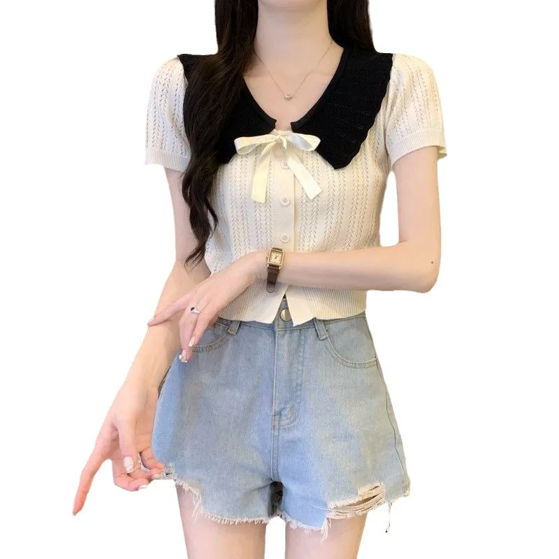 甘い多用途バタフライノットカラーブロック人形ショートニットカーディガン女性の夏のファッショナブルなトップポリエステル半袖