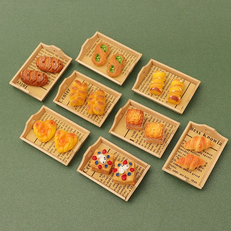 4Pcs/set Dollhouse Miniature New Wooden Tray Double Ear Plate Bread Model Kitchen Food Accessories For Doll House Decor Toys