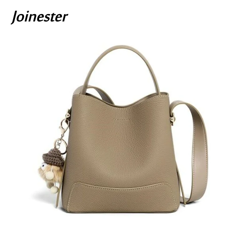 

Cow Leather Pure Color Bucket Handbag Comfort Handle Vintage Shoulder Bag Ladies Commuting Travel Functional Messenger Bags