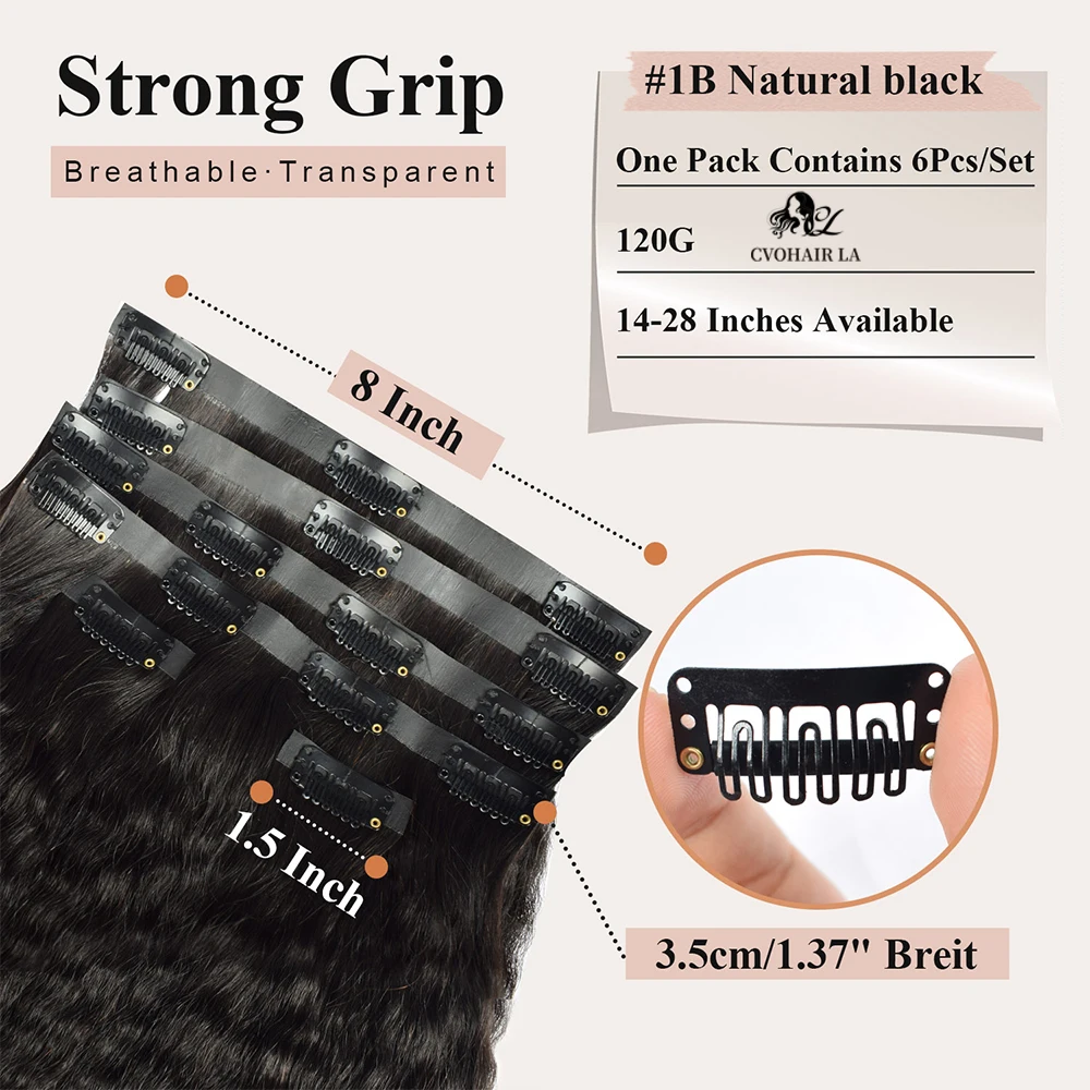Kinky Straight Seamless Clip Ins Hair Extension, Color Natural, 100% cabello humano Natural para mujeres negras, 120g