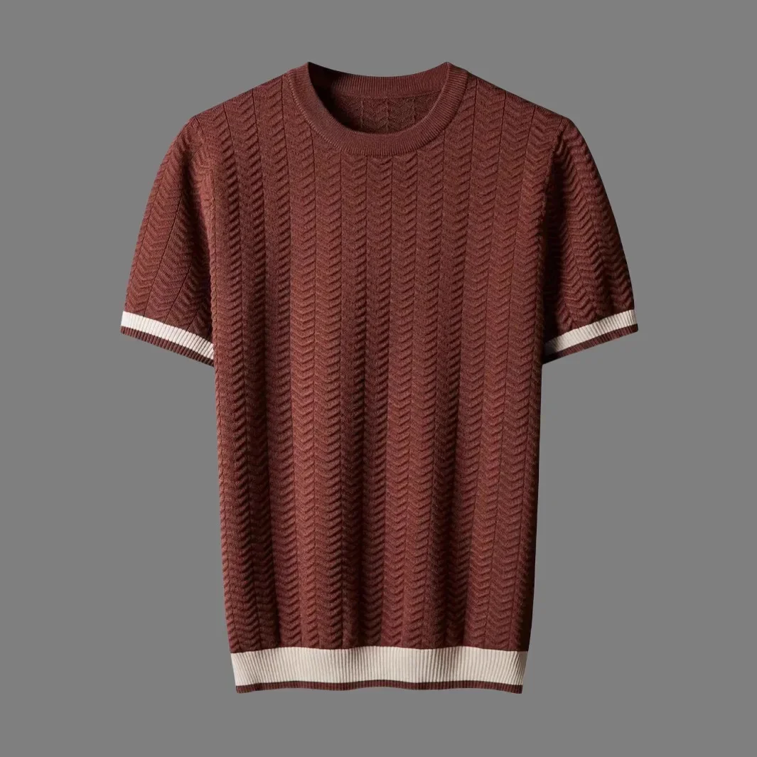 

Jacquard Texture Knitted Tshirts for Men Contrast Color Patchwork Short Sleeve Round Neck Knitwear Summer Knit Breath T-shirts