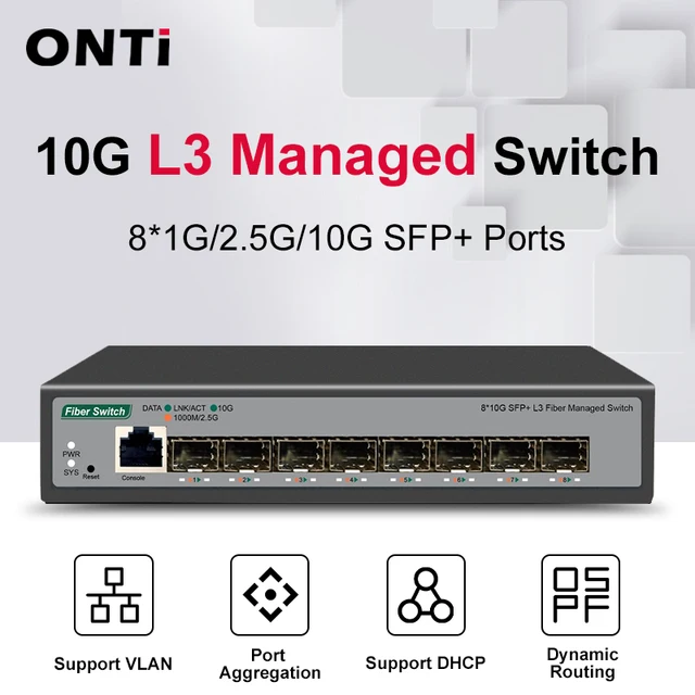 Przełącznik sieciowy ONTi 8 z portami 10Gb SFP+, zarządzany poziem L3, obsługa DHCP i dynamicznego routingu, obsługa przegródek VLAN i agregacji portów.