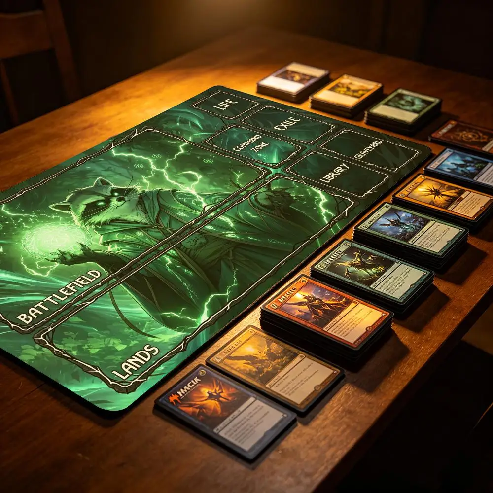 Raccoon Mage Green Card Play Mat With Zones Rubber Magic Tabletop Game Mats Gathering TCG Card Battles Commander Gaming MousePad
