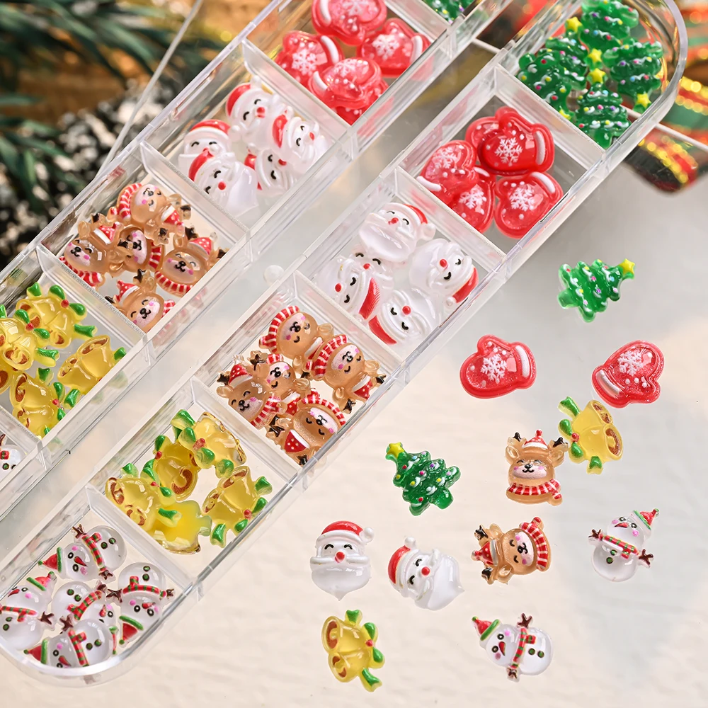 12Grids 3D Cartoon Christmas Nail Art Accessories Cute Xmas Tree Santa Claus Bell Nail Charms Rhinestone DIY Christmas Manicure﻿