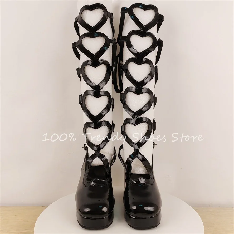 Love Heart Hollow-Out Sommer Coole lange Stiefel für Frauen Niedliche runde Zehen Blockabsatz Mary Janes Lolita Mädchen Partykleid Schuhe