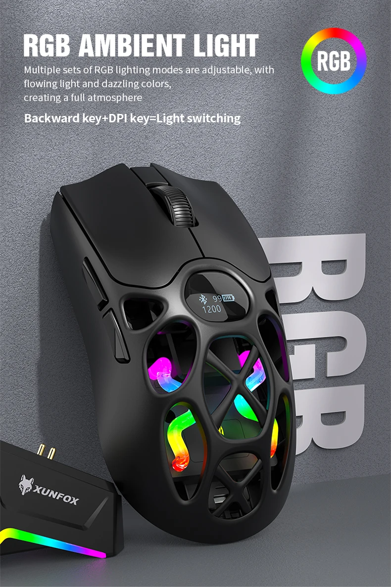 XUNFOX H16PRO Mouse, lightweight S205, Three-Mode Wireless Bluetooth Mouse for Gaming, Charging, RGB Lighting, Suitable for P