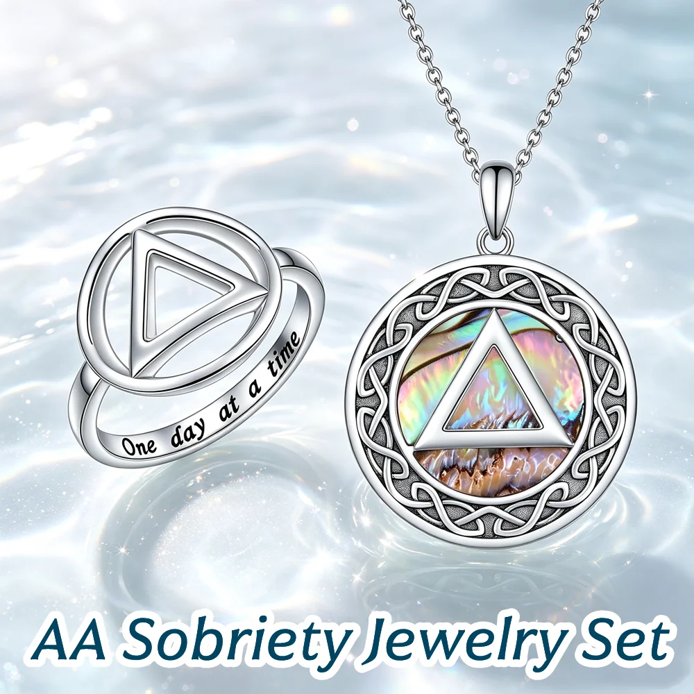 AA Sobriety Jewelry Set, Alcoholics Anonymous Ring & Abalone Shell Pendant Necklace, Recovery Gift for Women Sobriety Milestone