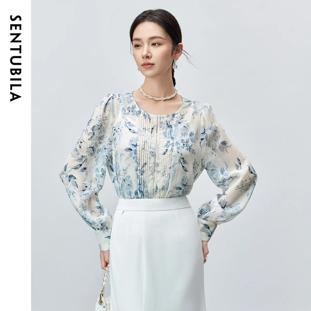 SENTUBILA Women 2 Piece Set 2024 Fall Basic Comfort Vest Chiffon Art Print Hollowed Out Lace Blouse Elegant Women Top 143V57361X