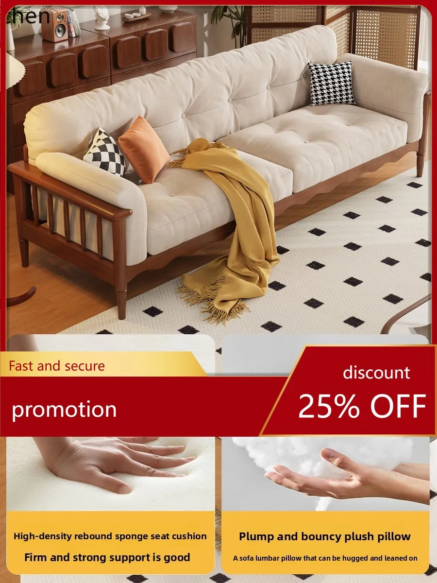 

CZ Solid Wood Sofa for Living Room Small Apartment Mid-century Style Straight Three-seater French Retro Cloud Fabric Sofa