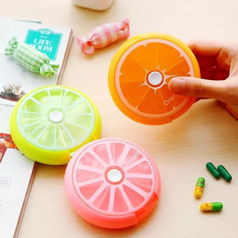 Portable Mini 7-Compartment Fruit Medicine Box Circular Rotating Transparent Tablet Packaging Box Storage Box