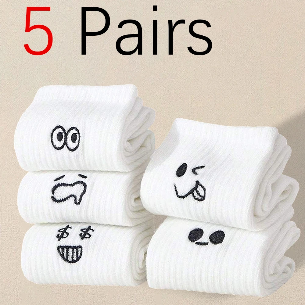 5 Pairs Women Cute Expression Pattern Socks Creative Fashionable Versatile Socks Comfortable Lightweight Soft Mid Length Socks