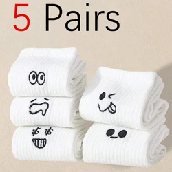 5 Pairs Women Cute Expression Pattern Socks Creative Fashionable Versatile Socks Comfortable Lightweight Soft Mid Length Socks