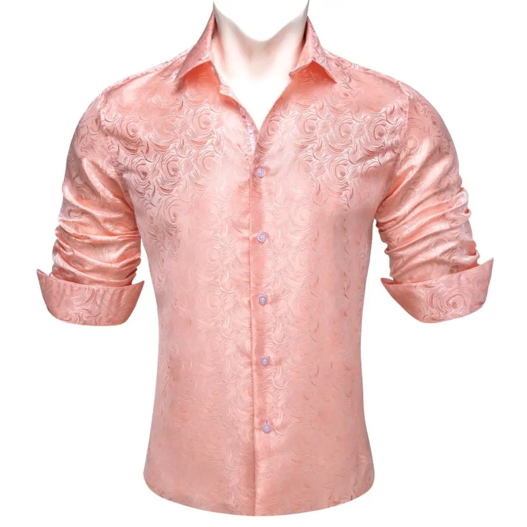 Designer Shirts for Men Silk Long Sleeve Pink Floral Embroidered Slim Fit Male Blouses Casual Breathable Tops Wedding Barry Wang