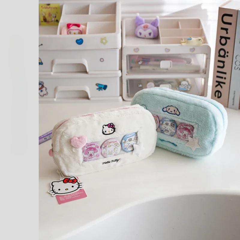 Sanrio Hello Kitty Plush Pencil Case Anime Cartoon Portable Large Capacity Student Stationery Bag Child School Supplies Gifts