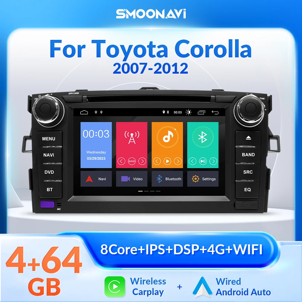 Wireless Carplay AI Voice Android 12 Car Radio DVD Player For TOYOTA AURIS Altis COROLLA 2006-2013 GPS Navigation Wifi DSP DVR