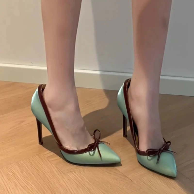 

Green Bow Slip-On Stiletto Pumps Woman Summer 2026 Color Matching Pointed Toe High Heels Shoes French Retro Women's Shoes