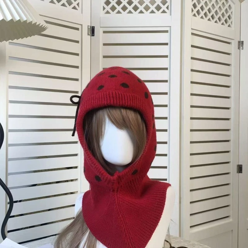 Koreanische Version Polka Dot Schleife Balaclava-Mütze Herbst- und Winter-Outdoor-Wärmeschal-Mütze Einteilige Strickmütze für Damen – Detail 3