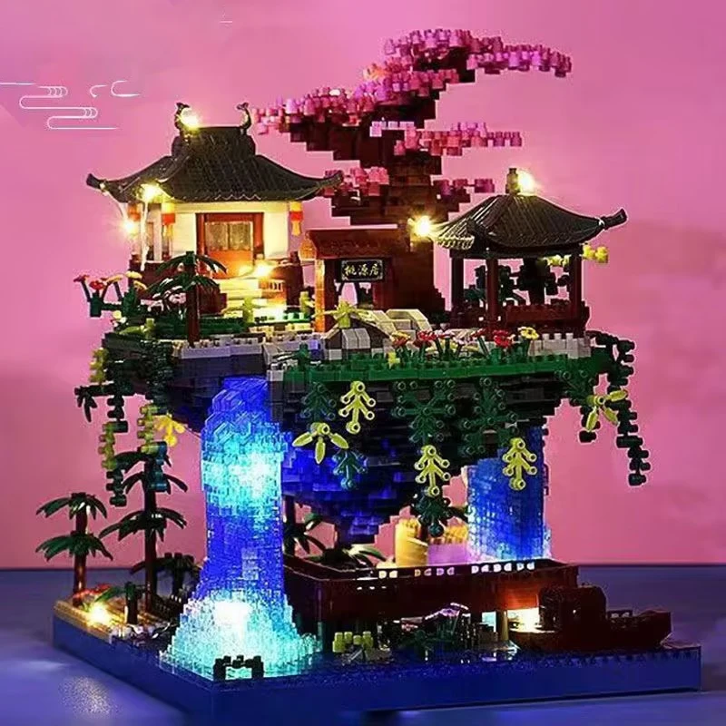 Temple Pavilion Island Waterfall Pool LED Light Mini Diamond Blocks Bricks Model Toy for Children and Adults