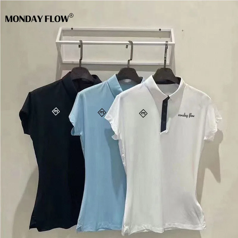 Monday Flow Golf Women's Short Sleeve T-shirt Polo Design Split Bottom Fashion Sports Top Golf Shirt for Women Golf Shirts