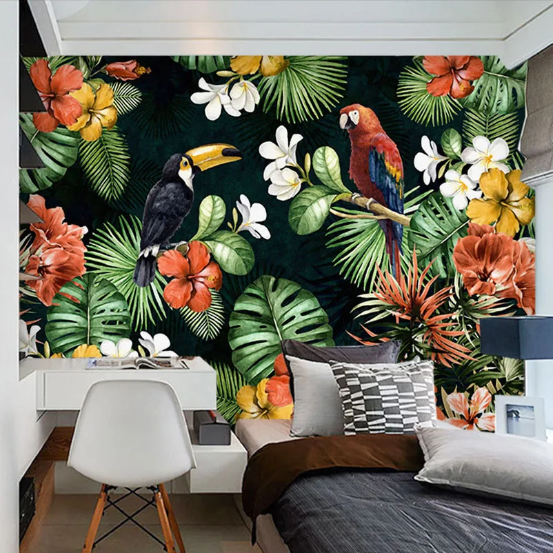 

Custom Mural Wallpaper Painting Pastoral Parrot Tropical Rainforest Plant Cartoon Living Room TV Backdrop Wall Papers Home Decor