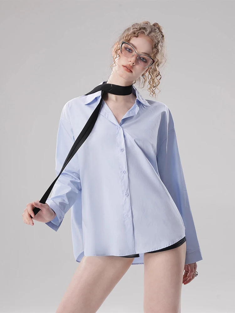 2024 New Blue Long Sleeve Shirt Women Loose Outerwear Shirt Design Sense Niche Casual Versatile Turn Down Collar Button Up Shirt