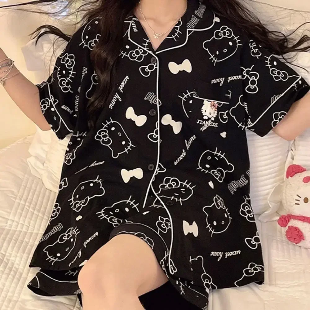 

Kawaii 2Pcs Short Sleeved Pajamas Suit Hello Kitty Anime Homewear Sanrio Summer Women Short Sleeve Cartoon Student Sleepwear