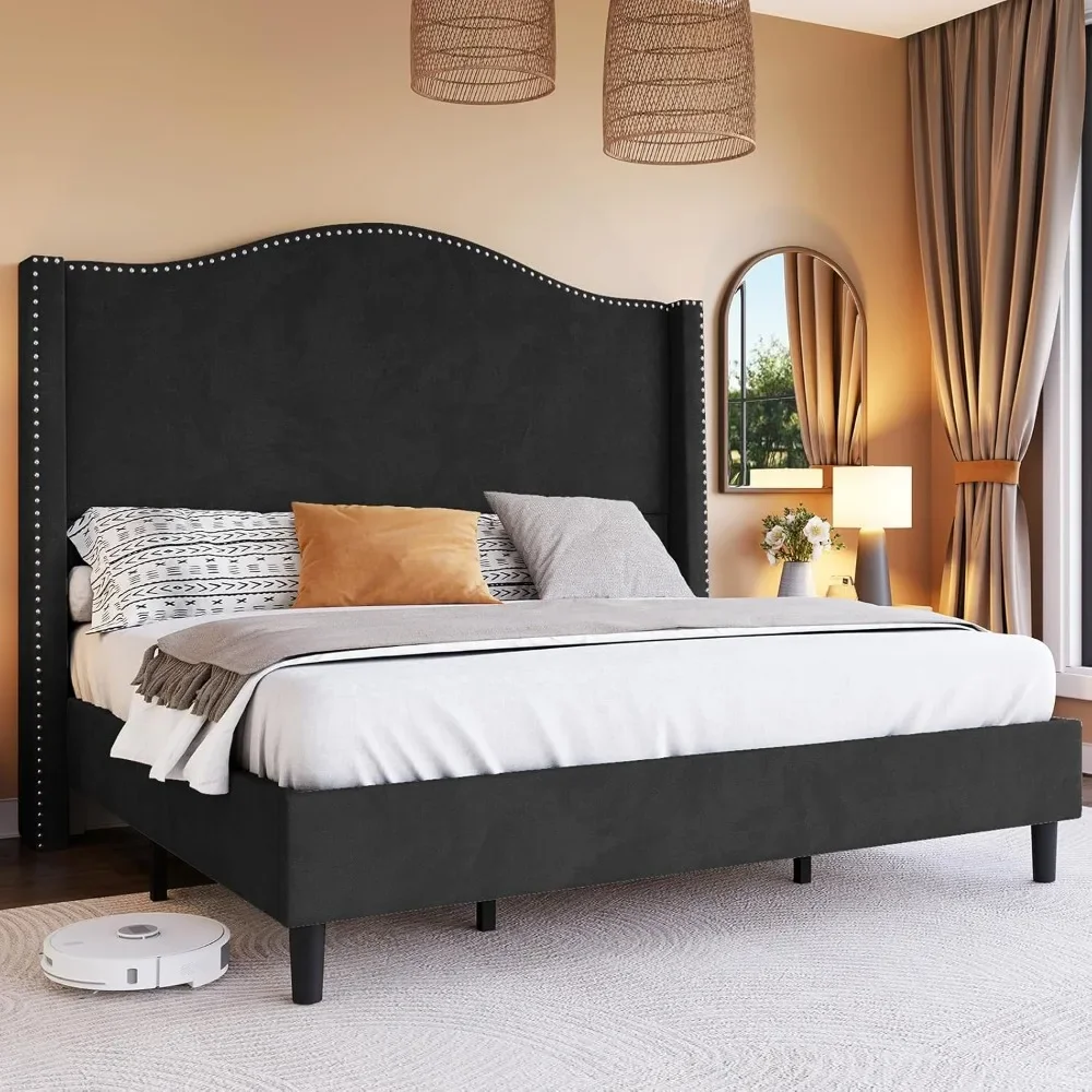 Bed Frame,Velvet Fabric Upholstered Bed with Tall Arched Headboard & Nailhead Trim Wingback Headboard,No Spring,Bed Frame.