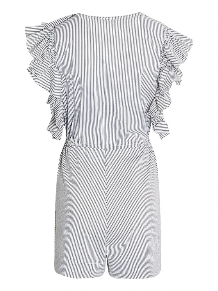 TWOTWINSTYLE Colorblock Striped Patchwork Ruffles Playsuit For Women V Neck Sleeveless High Waist Casual Playsuits Female New