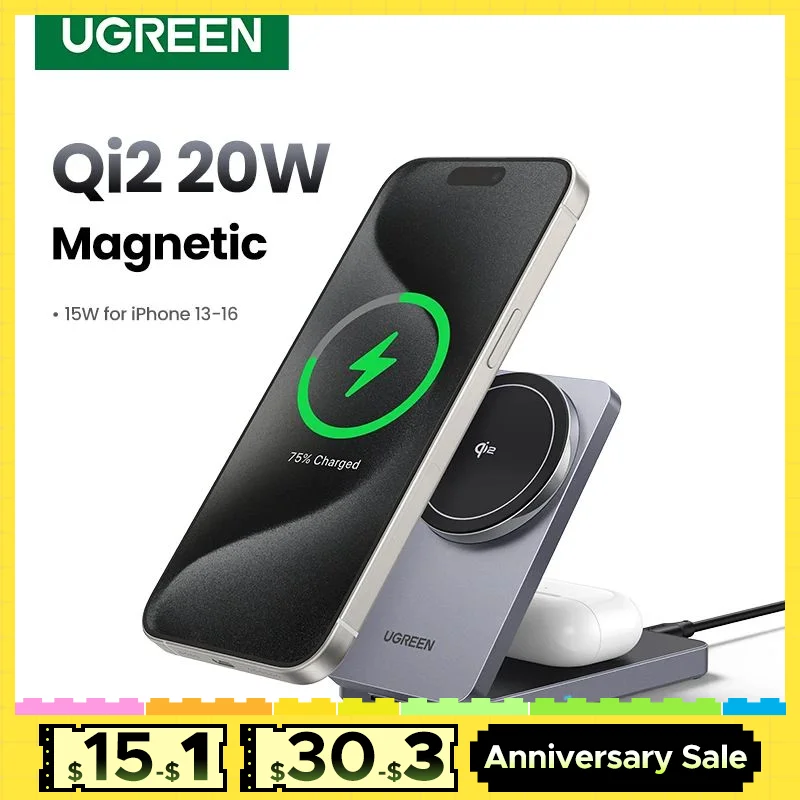 UGREEN Qi2 20W 2-in-1 Magnetic Wireless Charging Stand Charger For iPhone 16 Pro Max/AirPods 4 For MagSafe Fast Charger Stand