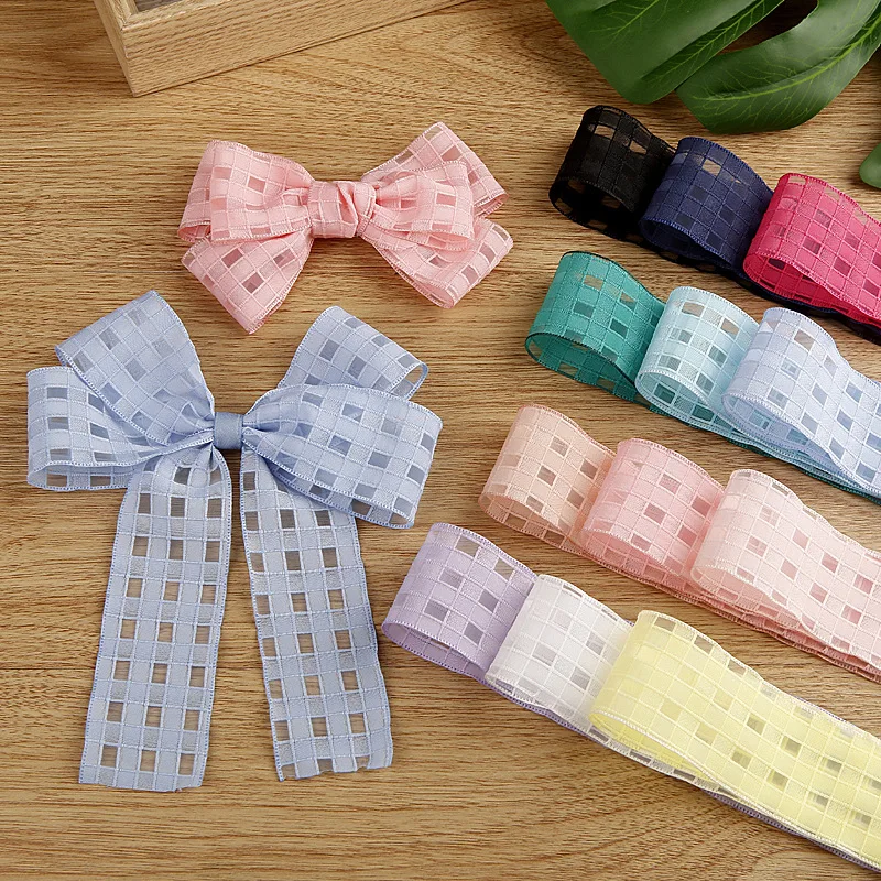 9-10 Yards 25MM 38MM Polyester Chiffon Plaid Ribbon DIY Hair Bow Children's Accessories Girl Hairpin Material Wedding Decor