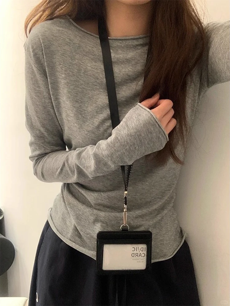 Gray Long Sleeve T-Shirt Women's Autumn Inner Wear Base Shirt Korean Chic Fashionable Small Top Casual Style Universal Fit Sl...