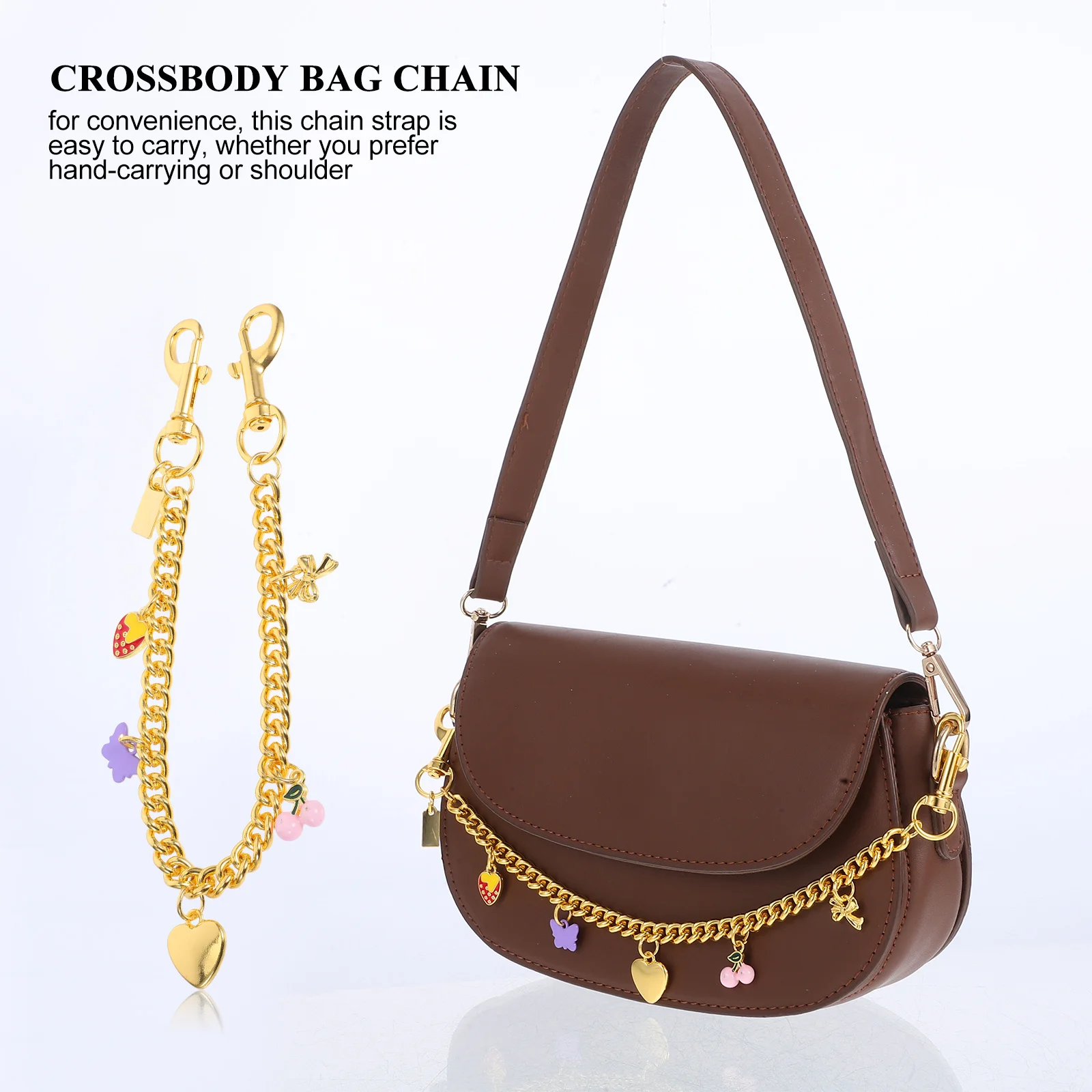 여성용 체인 백 스트랩 12.7인치 골드 메탈 연장 스트랩 핸드백 교체용 숄더 스트랩 과일 참 장식 포함