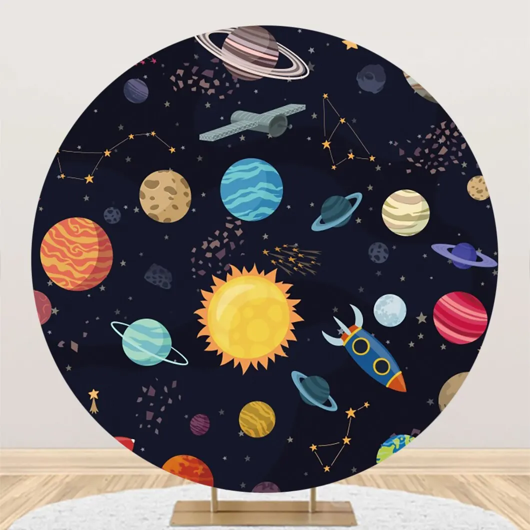 Outer Space Theme Round Backdrop Cover for Baby Happy Birthday Party Planet Galaxy Astronaut Kid Portrait Photography Background