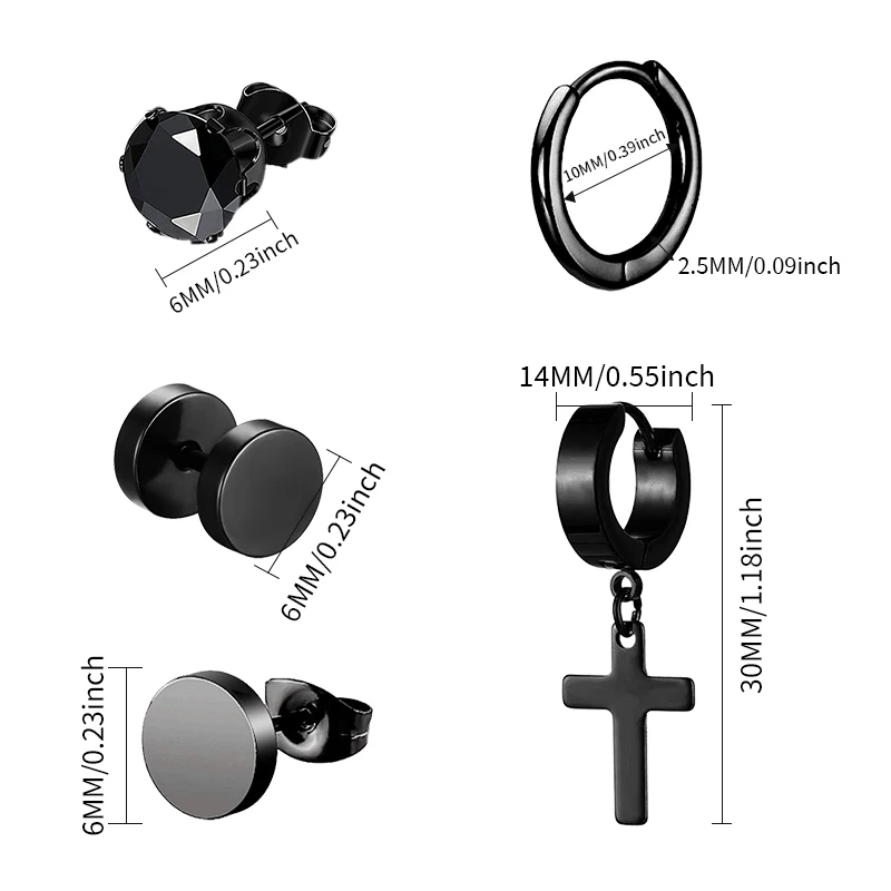 1/5 Pairs Different Types Shape Unisex Black Color Stainless Steel Piercing Earring for Women Men Punk Gothic Barbell Earring