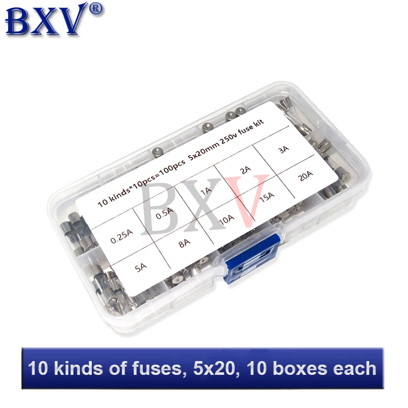 100PCS/Set With Box 5x20mm 250V Quick Blow Glass Tube Fuse Kit Fast Blow Glass Fuses 0.25A/0.5A/1A/2A/3A/5A/8A/10A/15A/20A