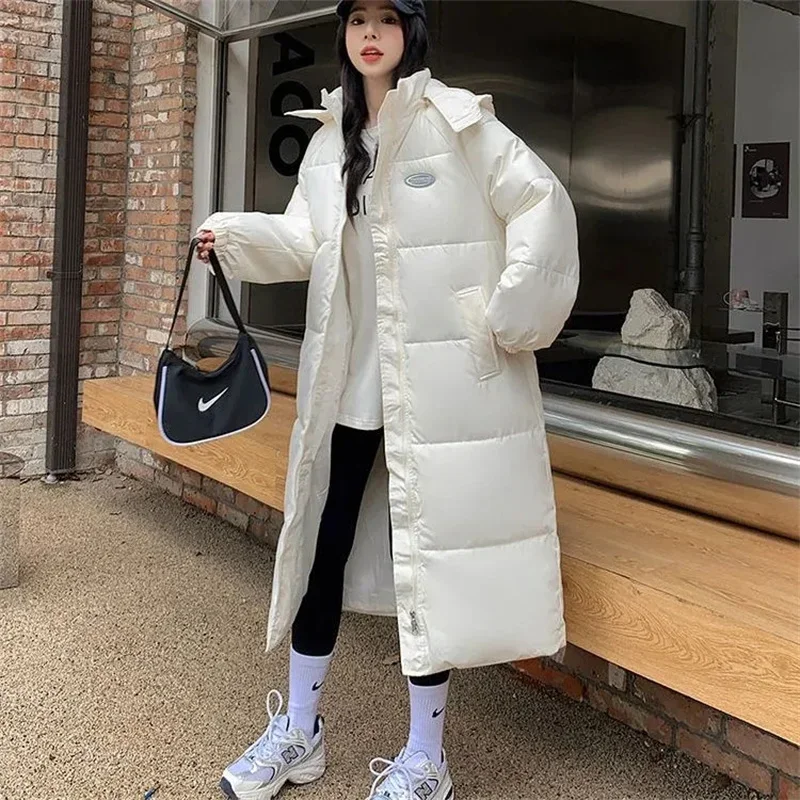 2024 New Winter Coat X-long Cotton Padded Parkas Women Hooded Warm Thicken Casual Overcoat Loose Snow Wear Solid Outwear Jacket