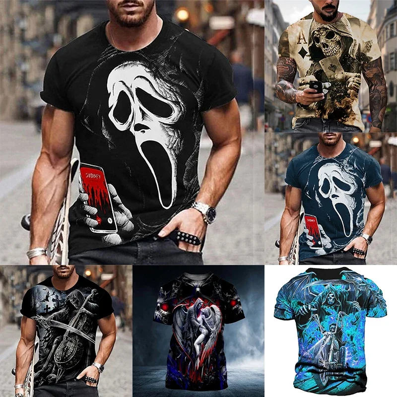 Trendy Men\'s Street Vintage Short-Sleeved T-Shirt Summer Casual Oversized Men\'s  T-Shirt Crewneck Printed Horror T-Shirt