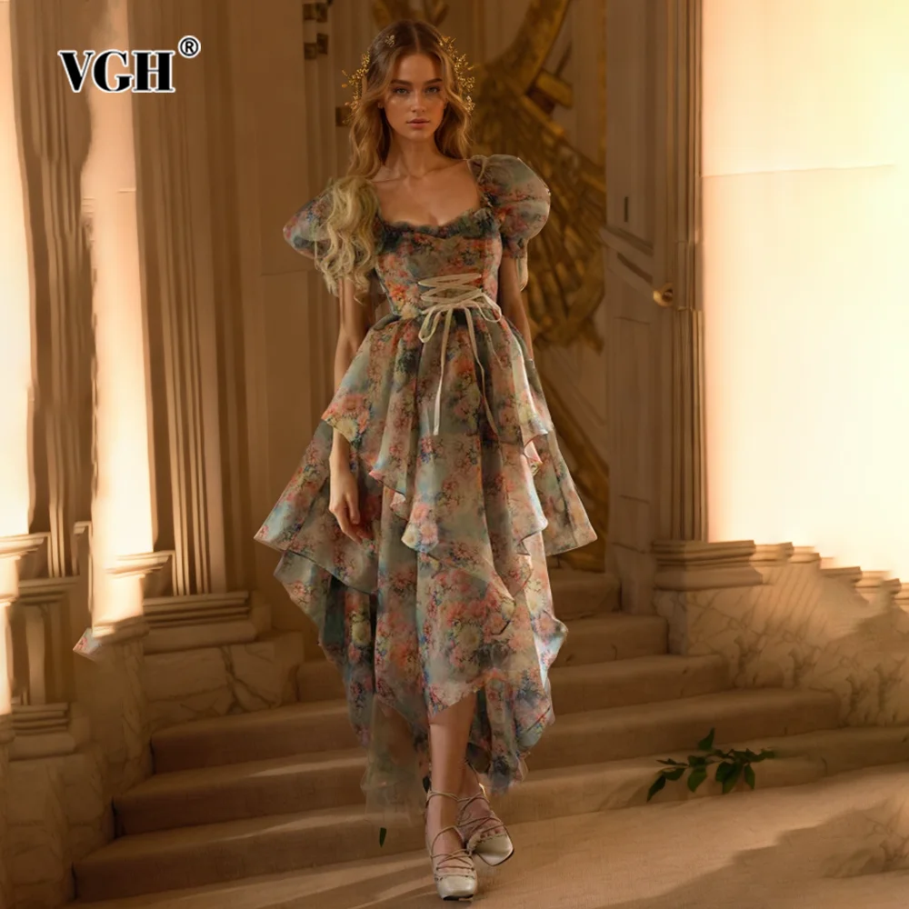 

VGH Hit Color Printing Patchwork Lace Up Dress For Women Square Collar Puff Sleeve Backless High Waist Elegant Dresses Female