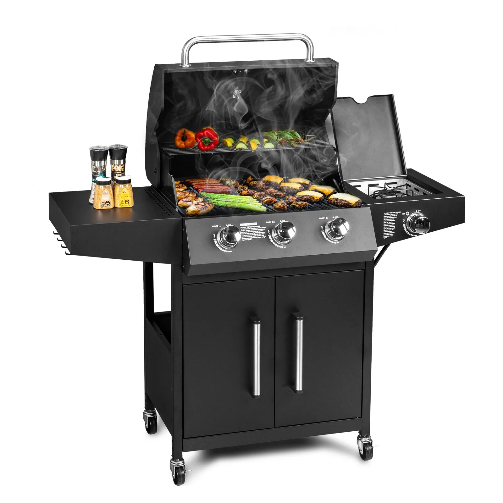 

46,000 BTU BBQ Gas Grill 3 Burner Propane with Side Burner, Cabinet