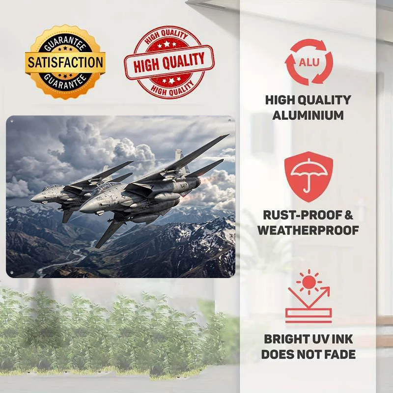 F-14 Tomcat Jets Flying Over Mountains Poster Retro 3D Printed Metal Signs Customized Wall Hanging Gift for Home Decor Ornaments