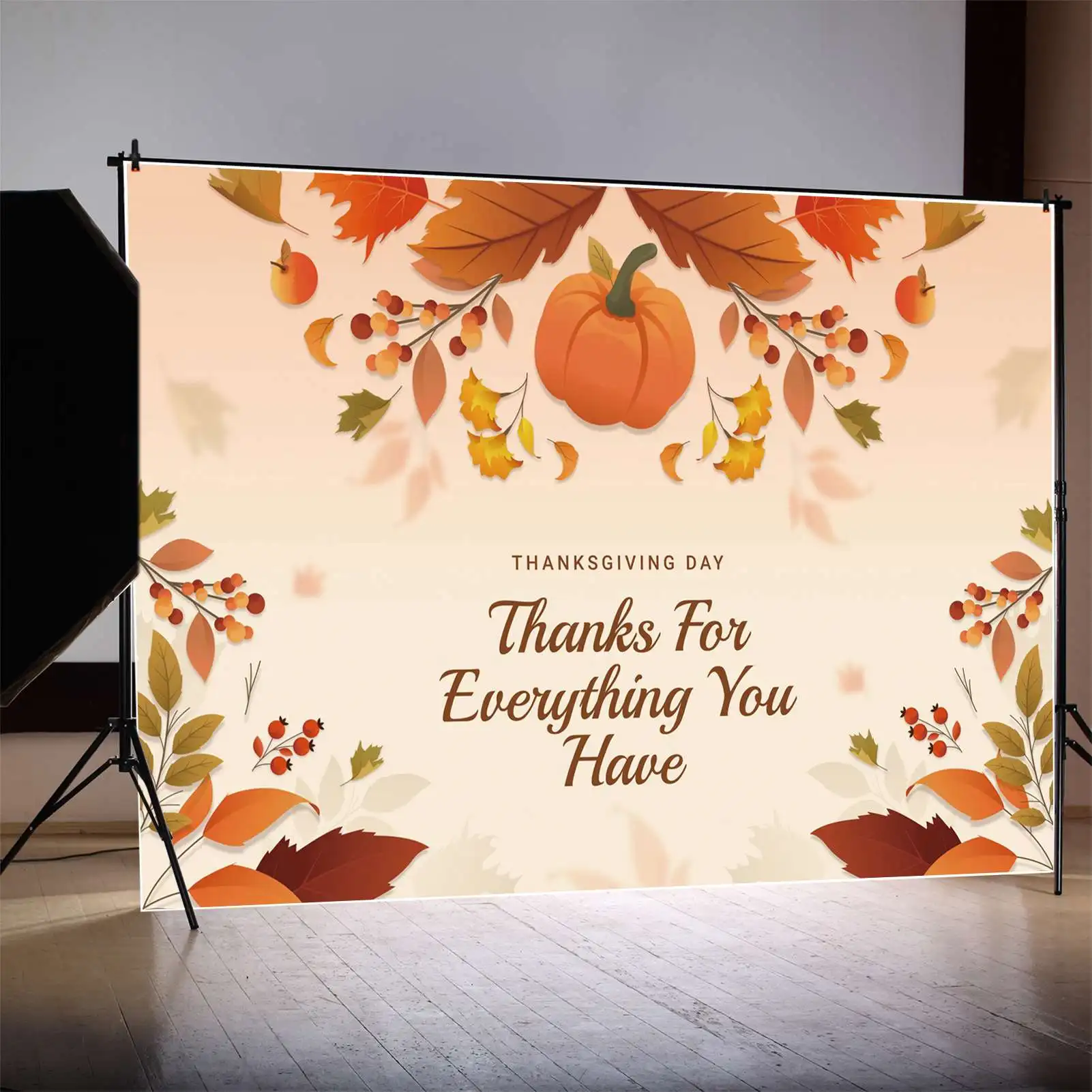 

MOON.QG Backdrop Happy Thanksgiving Day Banner Poster Background Autumn Harvest Pumpkin Bean Leaves Party Photo Booth Decoration