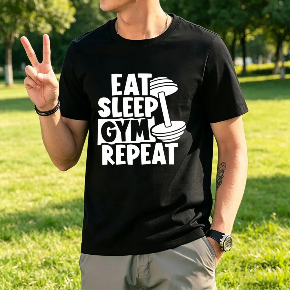 Eat Sleep Gym Repeat Dumbbell Bold Font Cotton Men Tee Block Fitness Workout Graphic Tops Bodybuilder Gym Casual T-shirt