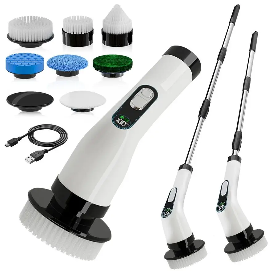 

Беспроводная электрическая щетка-скруббер для уборки с длинной ручкой, 10 сменных насадок, 2 скорости, водонепроницаемость IPX7 для ванной комнаты