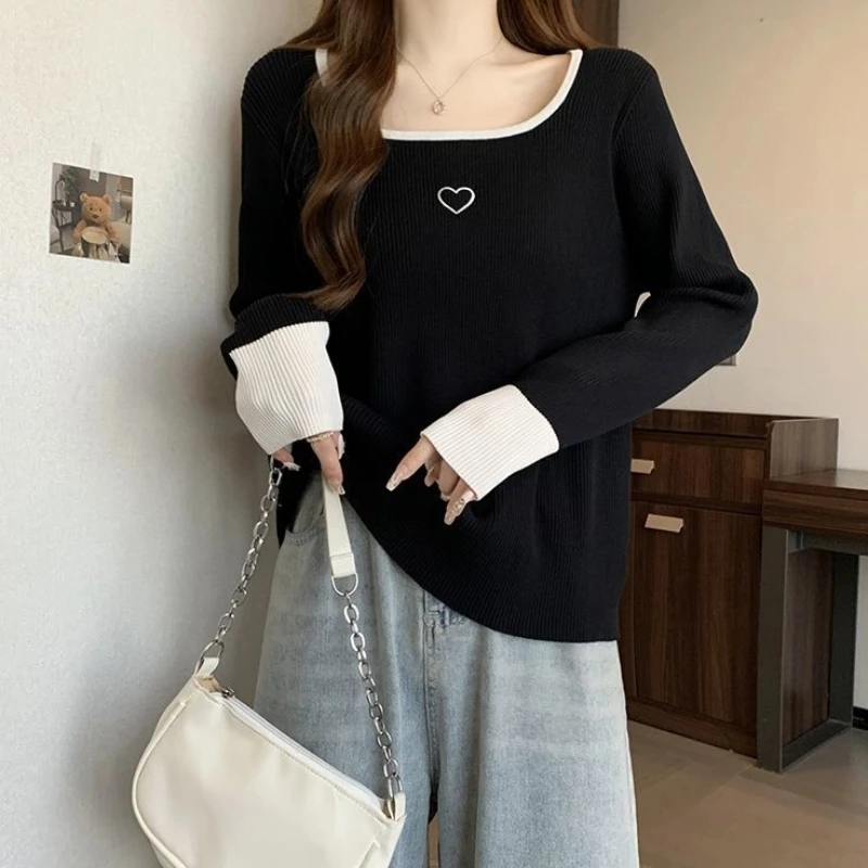 

Long Sleeve Contrast Patchwork Embroidery Korean Tops Spring Autumn Loose Casual Youth T Shirts Fashion Sweet Women Clothing